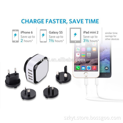 Cheap Wholesale 4 Port USB Travel Charger For Iphone cell phone, Interchangeable Plug Universal Usb Charger